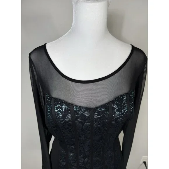 Vintage Black Sheer Corset Lace Long Sleeve Top Fairy Grunge Whimsigoth Sexy L - Picture 3 of 10